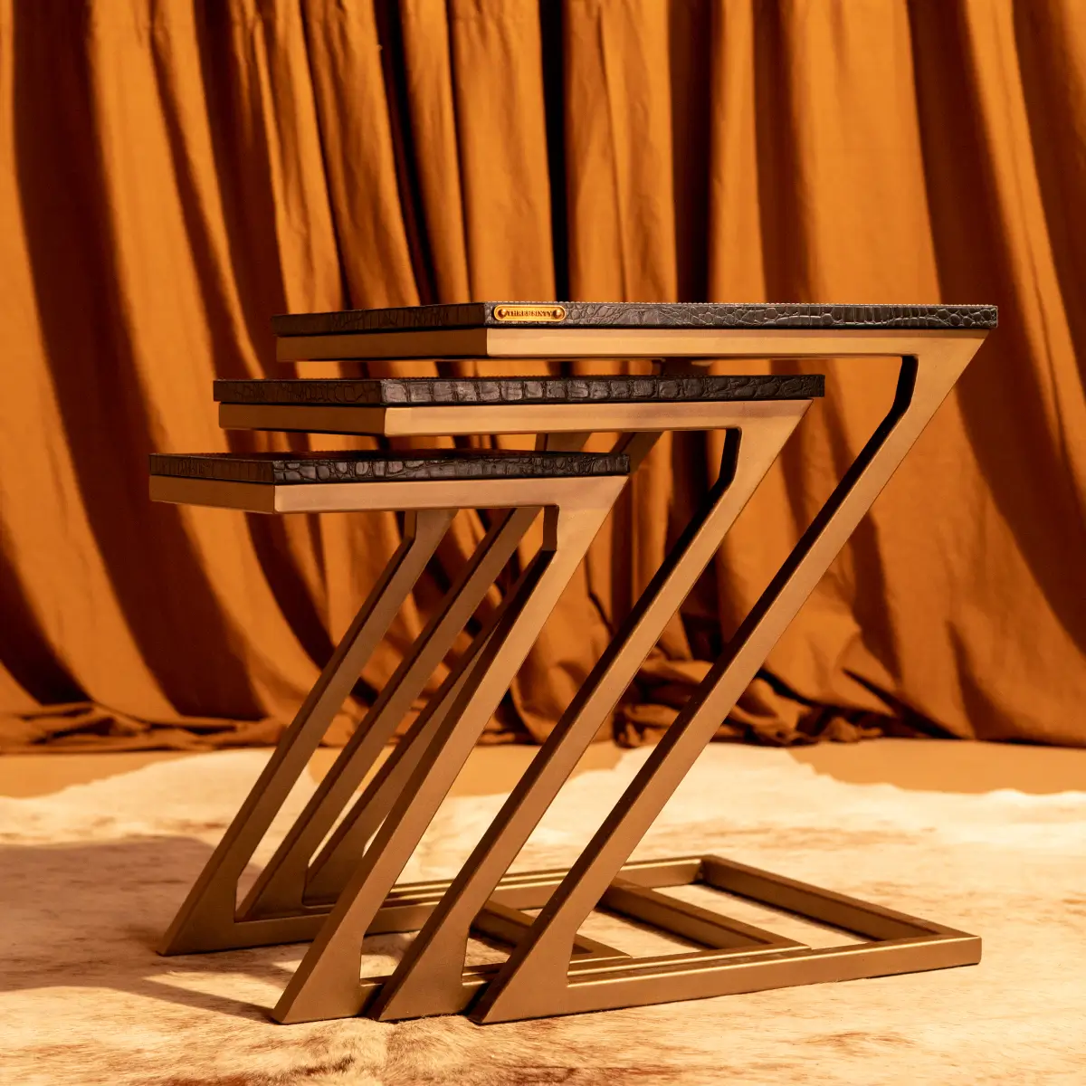 Nested Tables (Set of three)- Embossed Leather Blue - Image 5