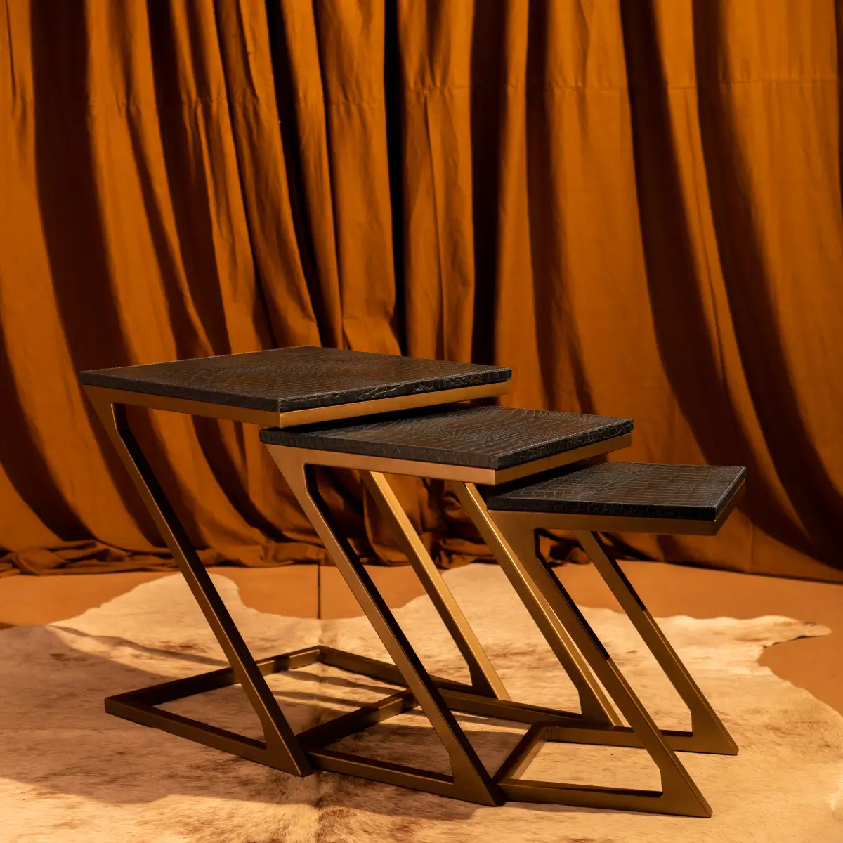 Nested Tables (Set of three)- Embossed Leather Blue - Image 6