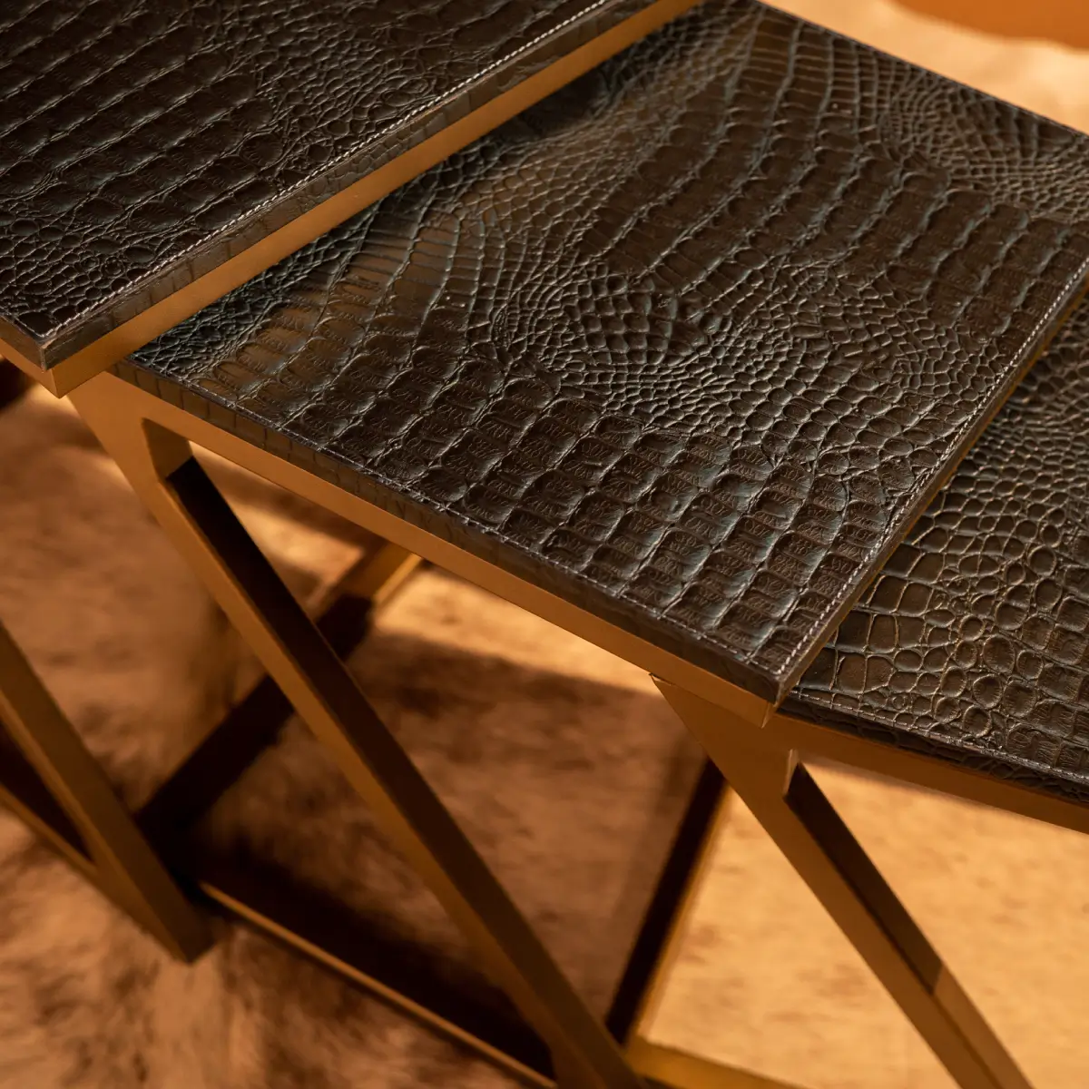Nested Tables (Set of three)- Embossed Leather Blue - Image 7