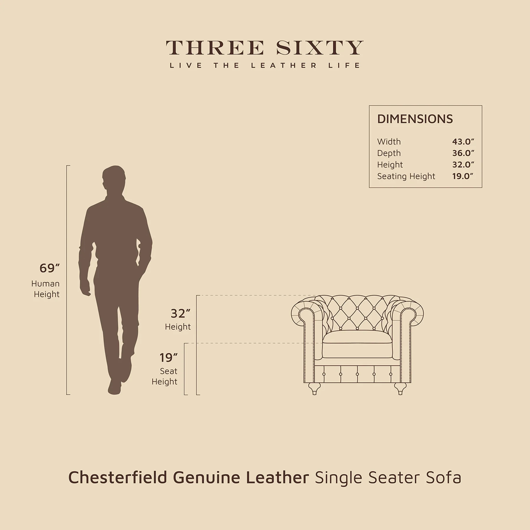 Chesterfield Genuine Leather Single Seater Sofa Cognac - Image 7