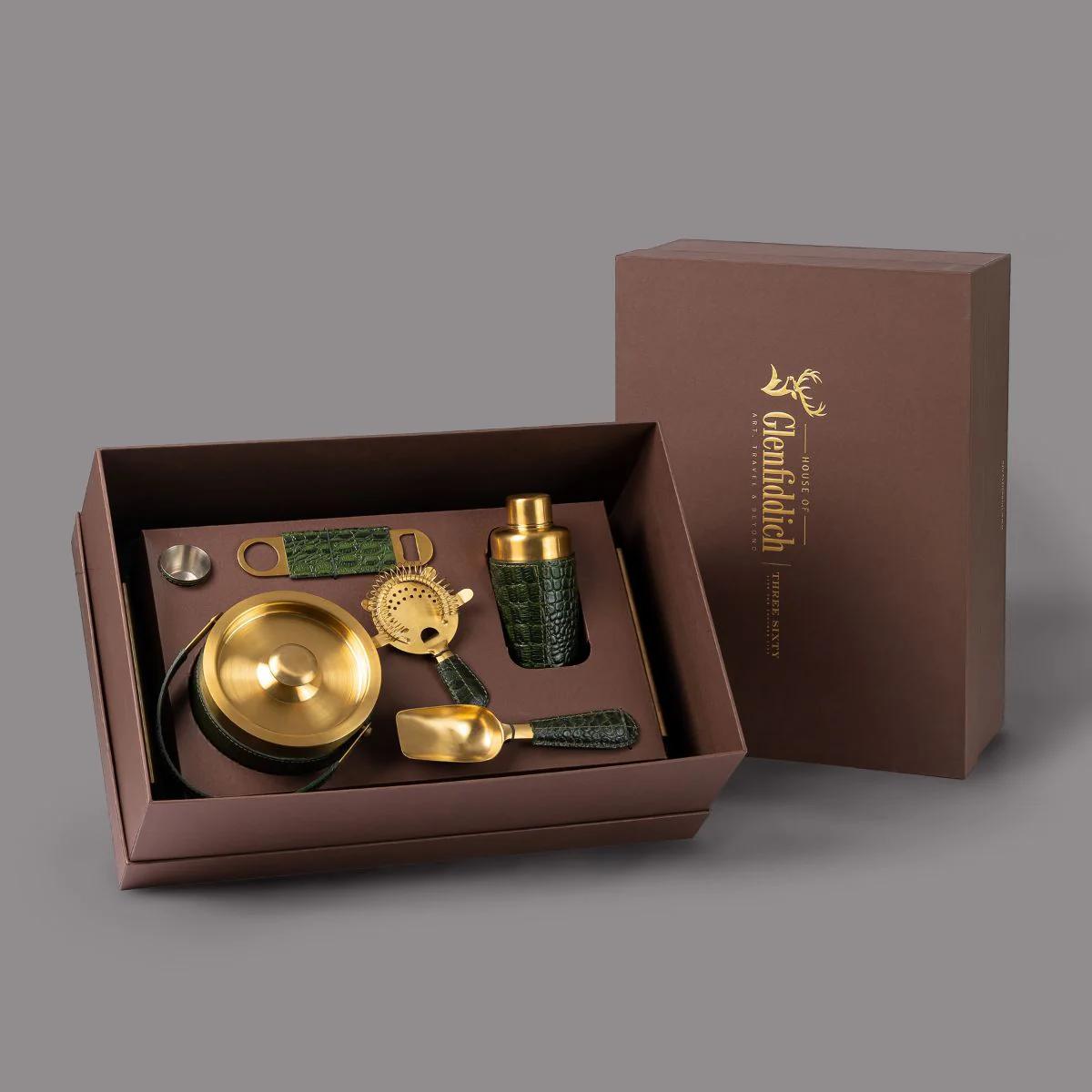 Debonair Bar Tray & Cocktail Set Metal Handle - Green - Image 5