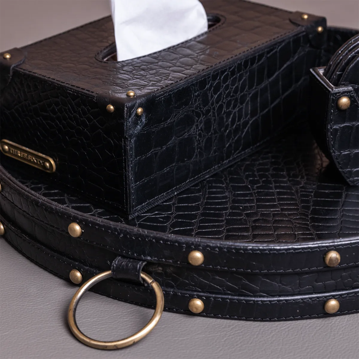 Eden Round Tray Set with Tissue Box & Coasters Black - Image 3