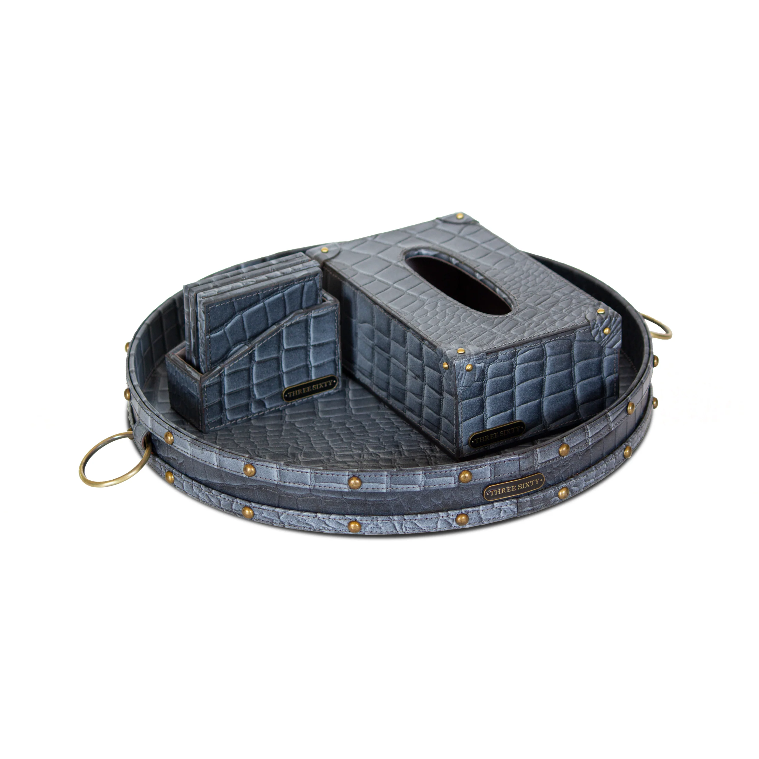 Eden Round Tray Set with Tissue Box & Coasters Grey - Image 2