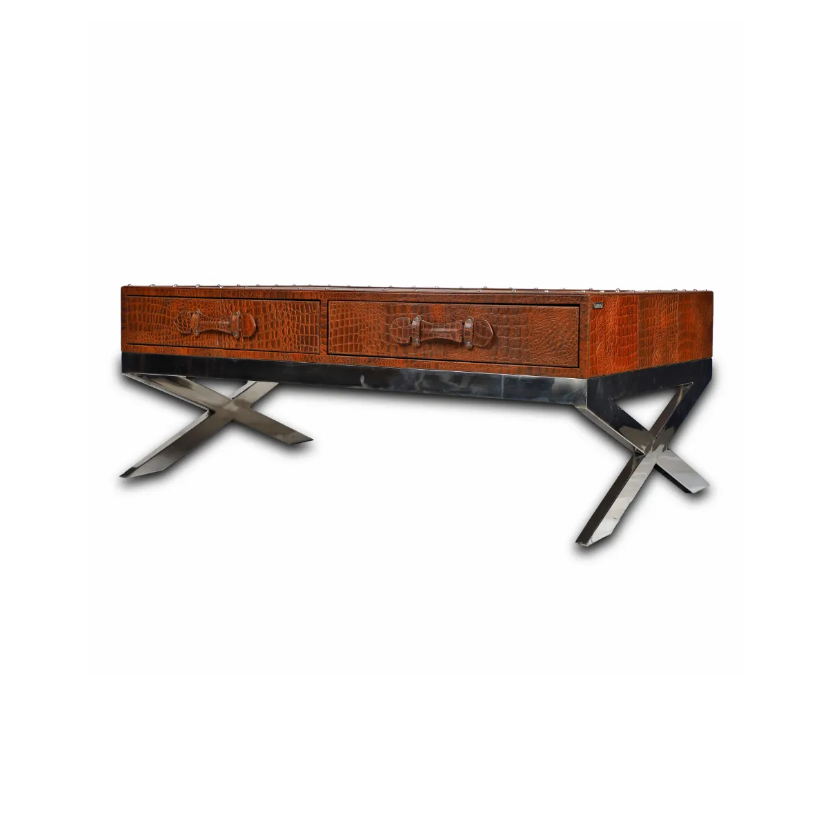 Genuine Leather Centre Table With Two Pull Out Drawers In Tan Colour - Image 3