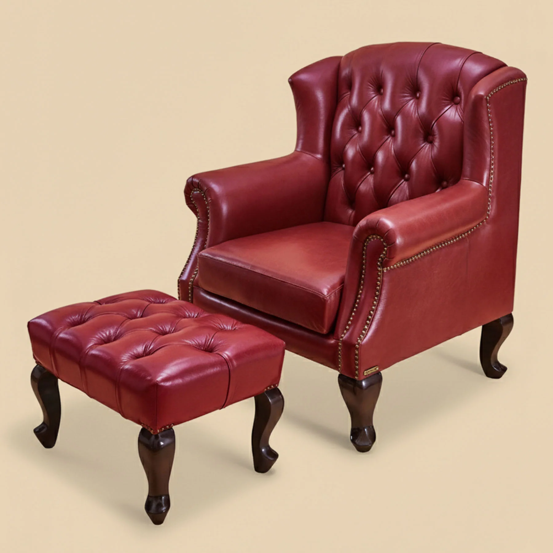 Genuine Leather Chesterfield Foot Stool Red - Image 3