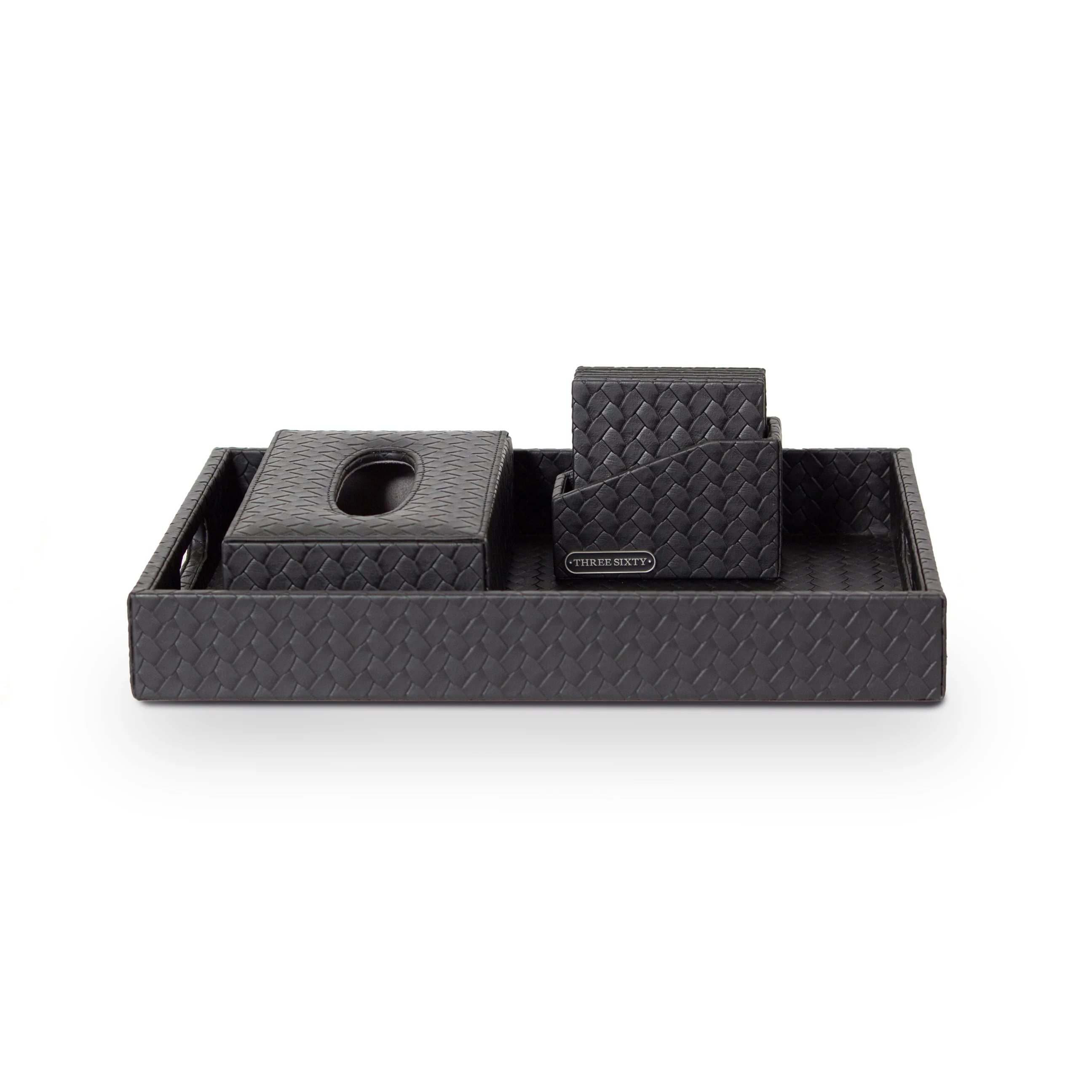 Entwine Leather Tray Set with Tissue Box & Coasters Black - Image 3