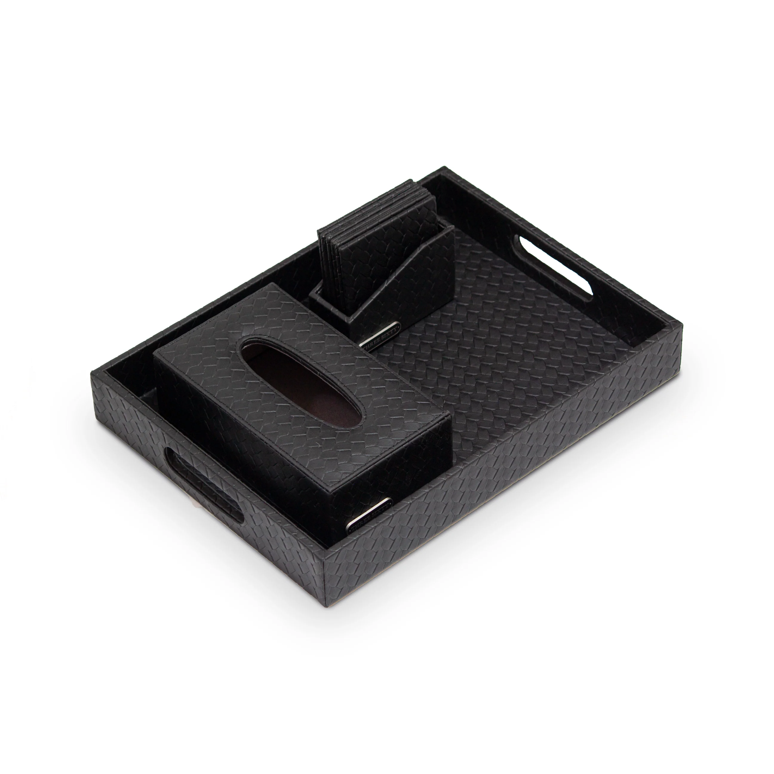 Entwine Leather Tray Set with Tissue Box & Coasters Black - Image 4