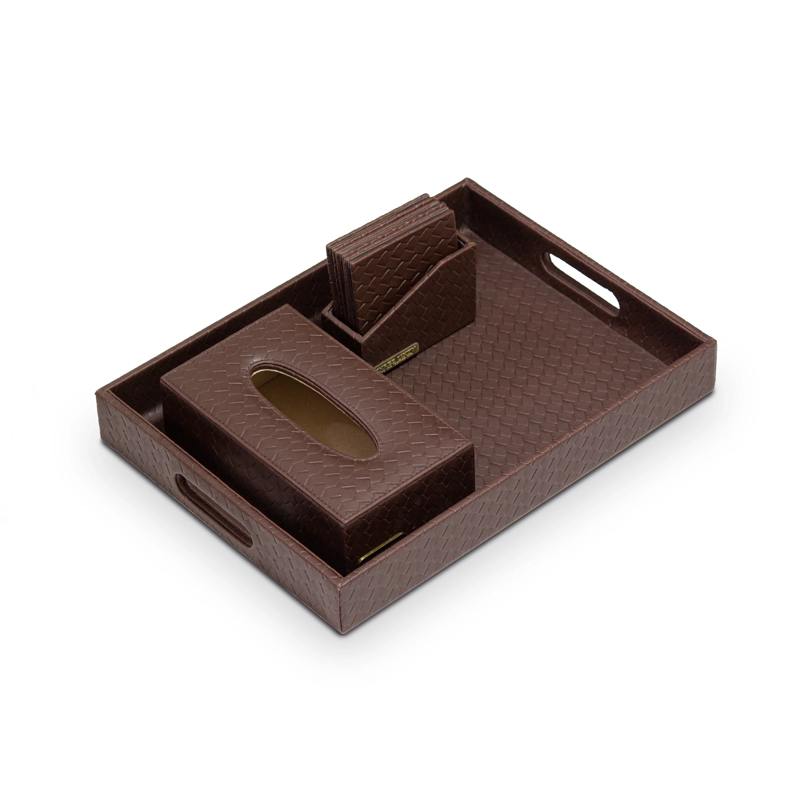 Entwine Leather Tray Set with Tissue Box & Coasters Brown - Image 3