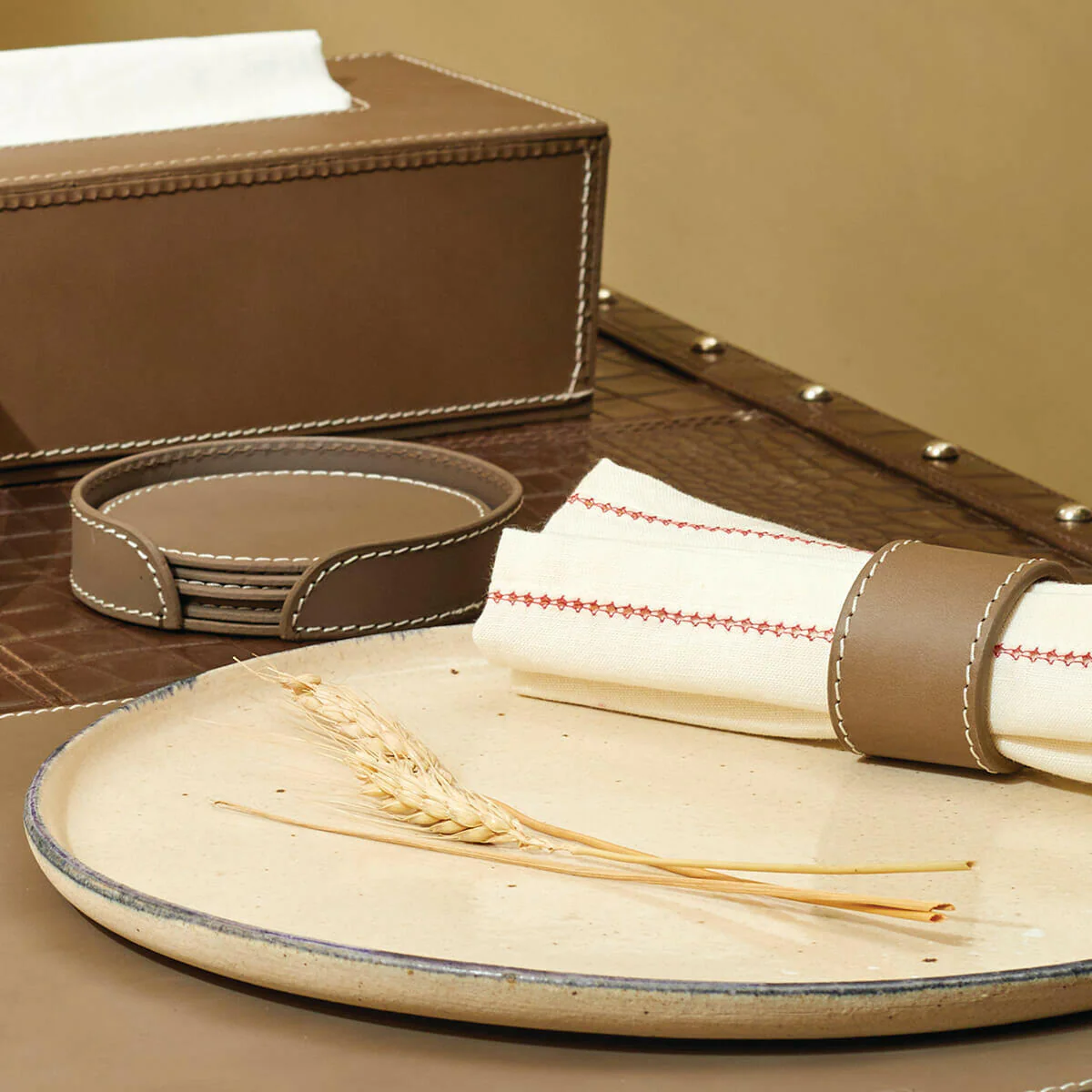 Modella Napkin Holder & Placemats Set Of 4 Taupe - Image 4