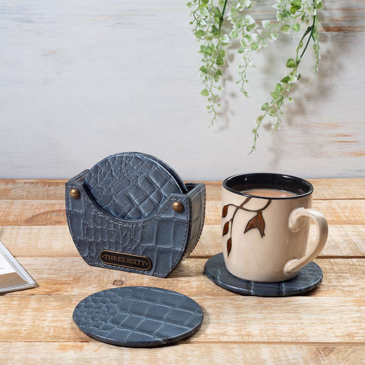 Eden Round Coaster Set of 4 In Genuine Croco Leather Grey