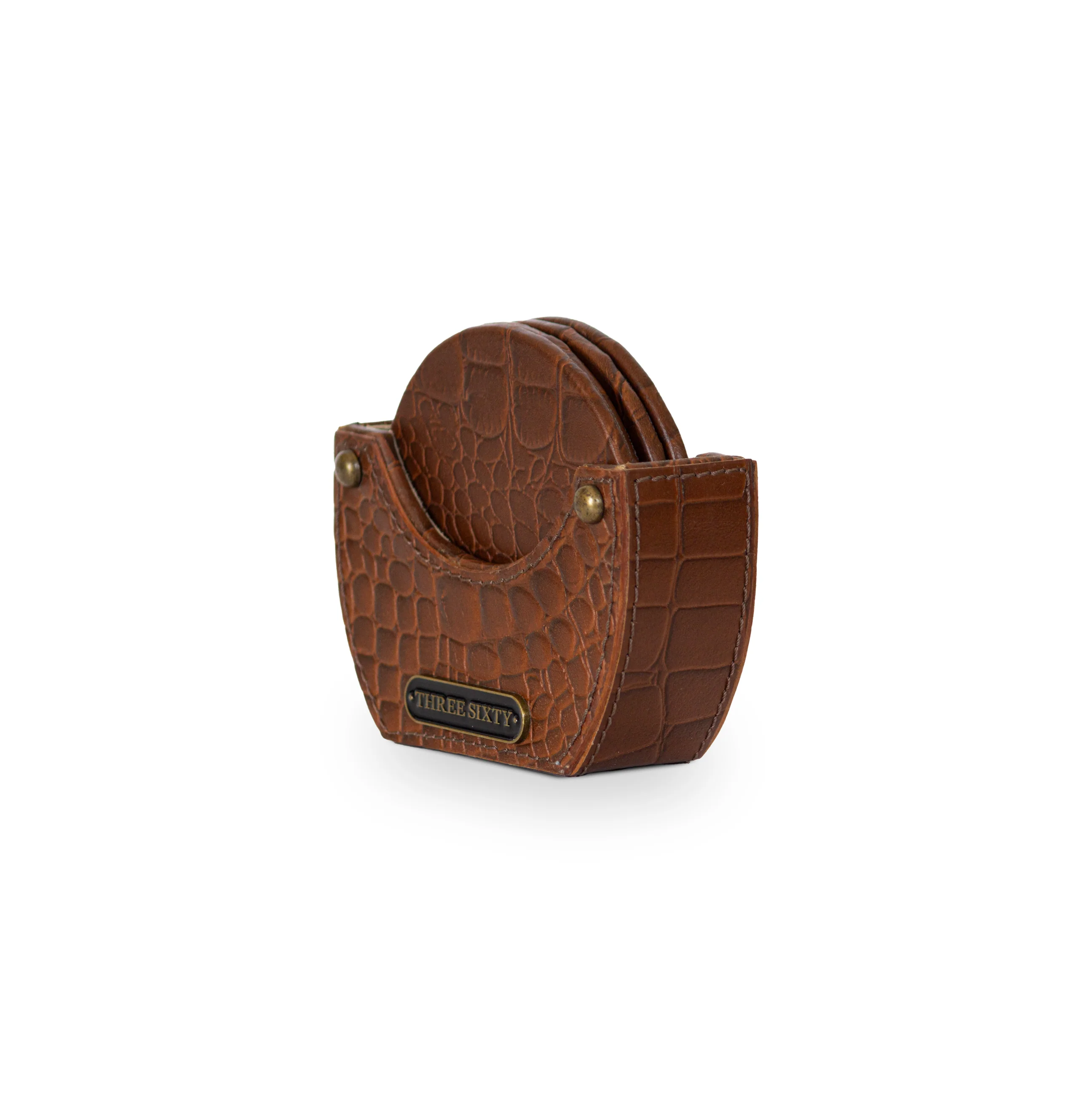 Eden Round Coaster Set of 4 In Genuine Croco Leather Tan - Image 3