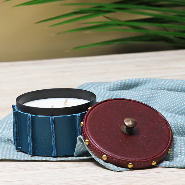 Scented Candle with Blue Leather Cladding - Image 2